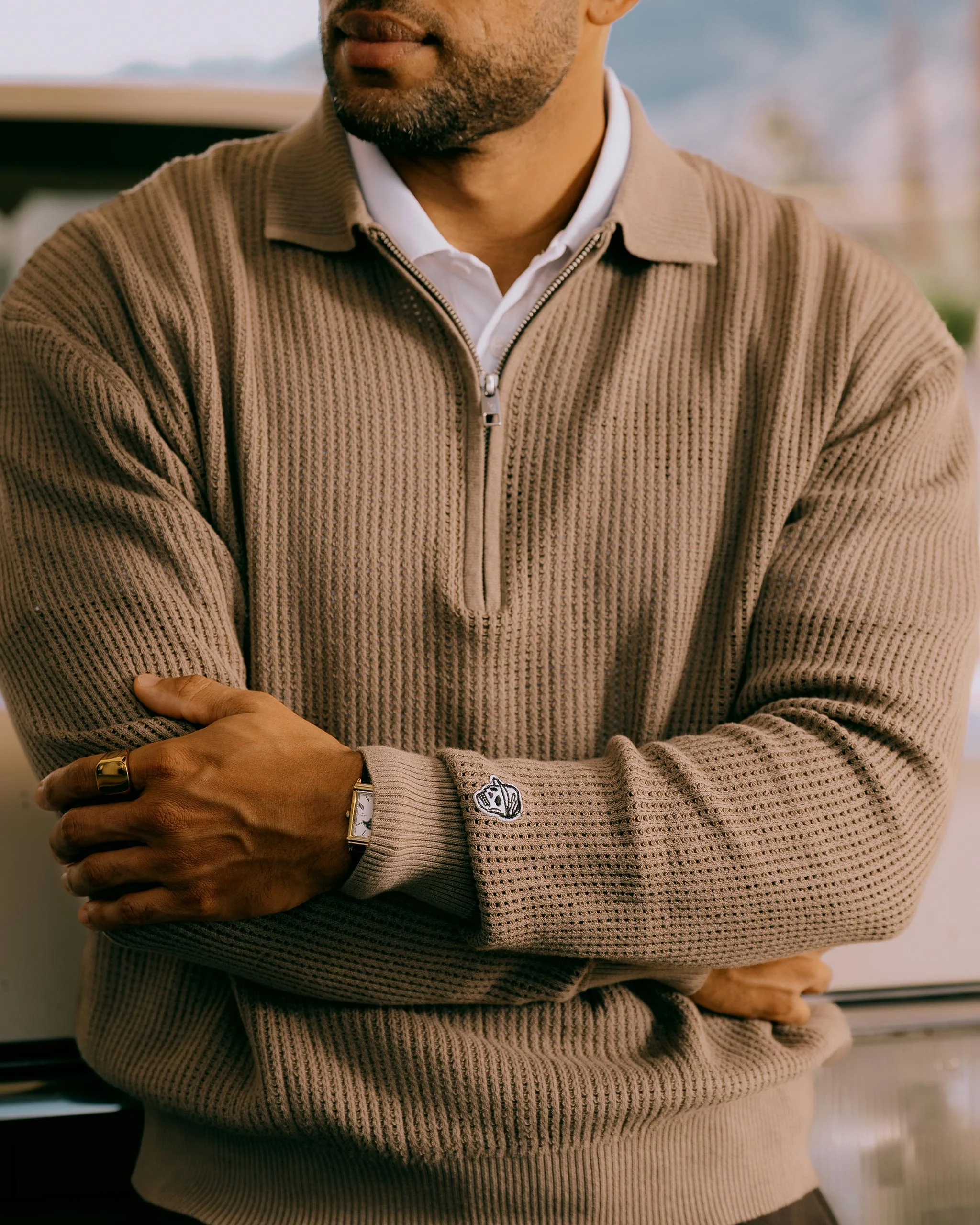 Loose Knit Quarter Zip Polo - Greige - Image 4